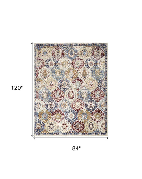 4' X 6' Navy Blue Damask Power Loom Distressed Area Rug
